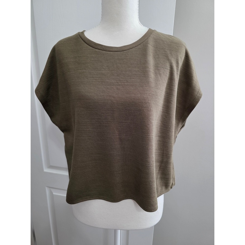 Zara Woman Basic Olive Green Textured Boxy Cropped Cap Sleeve Top Small Scandi